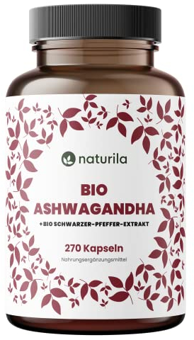 Naturila Bio Ashwagandha Kapseln hochdosiert (270 Stk.) - 1980mg Bio Ashwagandha Pulver je Tagesdosis + Bio Schwarzer Pfeffer Extrakt - Schlafbeere - vegan, laborgeprüft, ohne unerwünschte Zusätze