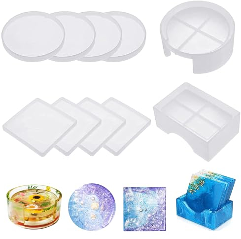 Lot de 10 moules en silicone pour dessous de verre en résine époxy, moules en résine époxy avec support rond et carré pour loisirs créatifs en cristal,moule silicone resine epoxy,blanc