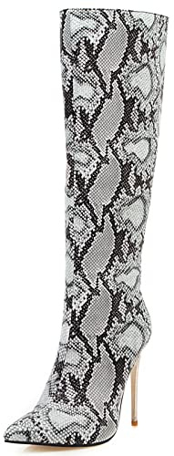 MJIASIAWA Eleganti Tacco A Spillo Donna Stivali Alti Sposa Eleganti Vernice Appuntito Inverno Festa Warm Booty Slouchy Bianco-Snakeskin Numero 46 EU/48 Asiatico
