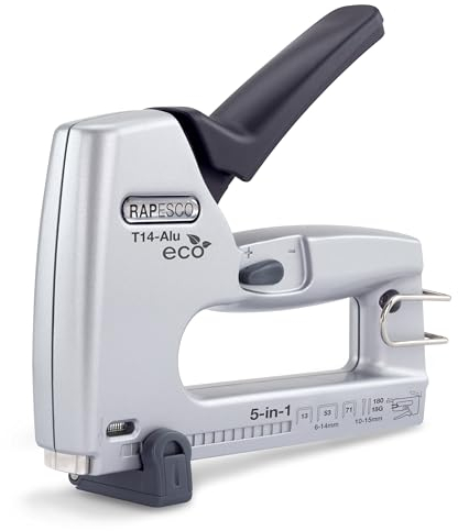 Rapesco 1766 ECO T14-Alu Grapadora/Clavadora 5 en 1, Utiliza Grapas 13, 53 y 71, Clavos 18G y Clavos sin Cabeza 180, Gris