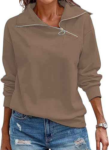 Cuptacc Sudadera para Mujer Manga Larga Cuello Alto Ligero Sweatshirt Casual Color Puro Camiseta con Cremallera Caqui, XX-Large XXL 50