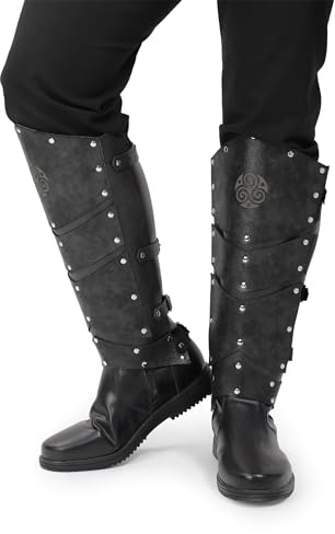 FURPHI Medieval Faux Leather Leg Armor Boot Covers Vintage Renaissance Knight Gaiters Mercenary Leg Guards Cosplay (Black)