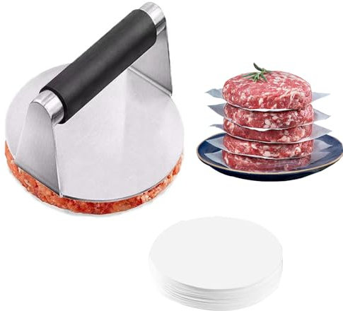Sonwaha Smash Burger Pressa Hamburger Acciaio Inox + 100 Papier à Burger Pressa per Biscotti Hamburger per Piastra Piatta Griglia, Bistecche, Panini, Barbecue