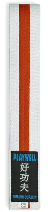 Playwell Cintura bianca in cotone per arti marziali con strisce colorate - (karate, judo, taekwondo), Cintura Bianca Con Striscia Arancione, 220cm