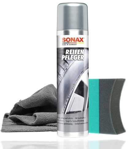 Auto Reifenpflege Set | Sonax Reifenpfleger 400ml + Reifenschwamm + Tuch | Reinigt Reifen und sorgt für satte Farbe und den ursprünglichen Tiefenglanz | Reifenschaum
