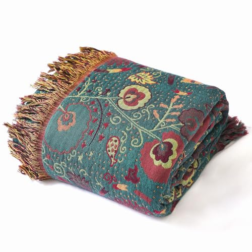 Wotcsil Mantas Sofá Plaid Foulard Sofa Algodón Boho Verano Inverno Estampado de Hojas Florales Multiusos Cubrecama para Cama para Toda Estación, Verde Oscuro, 200x230cm