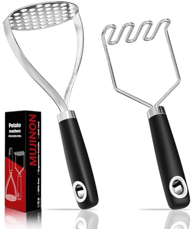 MUJINON 18/0 Stainless Steel Potato Mashers, 10.3-inch, Non-slip Handle, Kitchen Tool for Avocado Vegetable Sauce Butter Pumpkin Puree Bean, Dishwasher Safe, Pack of 2