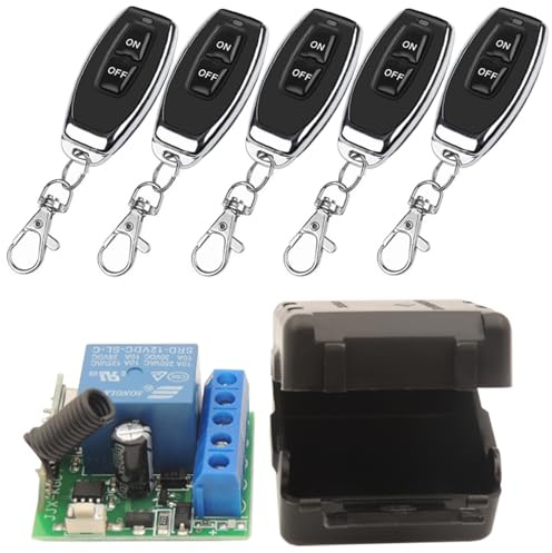 DieseRC Wireless Remote Control Switch 433Mhz 12V 1 Channel Radio Control Relay Receiver with 5 Transmitters Keyfobs Potential-Free Contacts Relay Controller