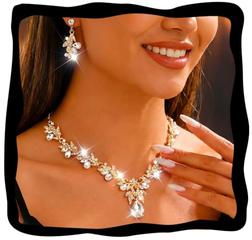 Fashband Crystal Bridal Wedding Jewelry Set Sparkly Earrings Party Prom Costume Earrings Jewelry for Women (Gold)