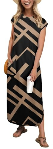 PrinStory Women's Maxi Dress With Pockets Cap Sleeves Summer Dresses For Ladies Casual Lightweight Sundress Beach Party Office Wear
