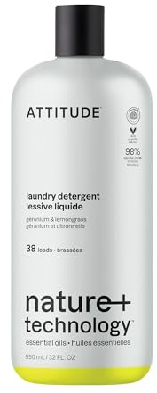 ATTITUDE Laundry Detergent Liquid, Plant-Based Ingredients, EWG Verified, High Efficiency, with Essential Oils, White & Colored Clothing, Geranium & Lemongrass, 38 Loads, 950 mL