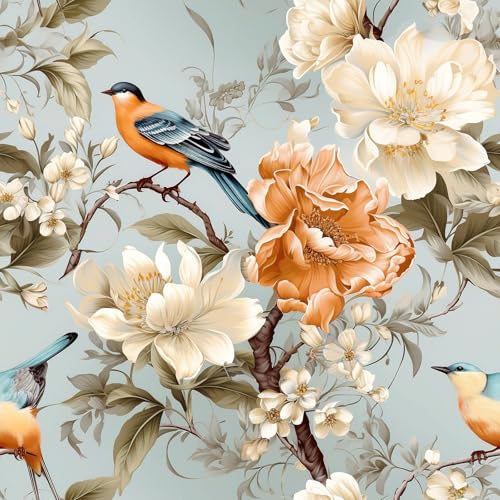 VEELIKE Papier Peint Oiseaux et Fleurs Bleu Papier Peint Fleuri Bleu Clair Papiers Peints Chinoiserie Vintage Adhesif Mural Decoratif Salon Chambre Adhesif pour Meuble Salle de Bain 44,5 cm × 300 cm