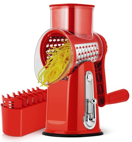 Rotary Cheese Grater,Vegetable Slicer with 5 Interchangeable Blades,Strong Suction Base,Rotary Drum Grater&Food Shredder for Kitchen,with Blade Storage Box-Ideal for Cheese,Potato,Carrot,Nut