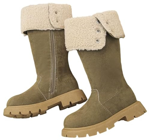 Botas de equitación para niñas, caña plegable, tacón medio, botas de equitación para niños y adolescentes, ropa casual (caqui, 10,5-11 años)