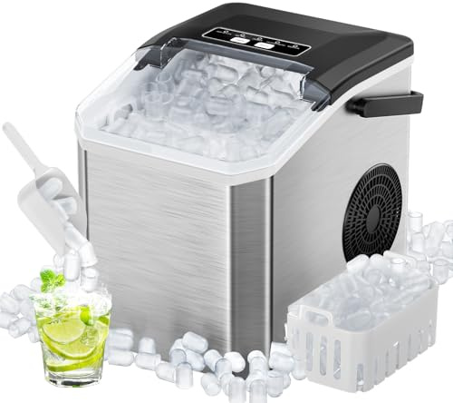 Fabbricatore di Ghiaccio 15kg/24h, 9 Cubetti in 6 Min, Macchina Ghiaccio Portatile con Maniglia e Pulizia Automatica, 2 Dimensioni Cubetti a Proiettile, per Cucina, Campeggio, Casa, Festa - Nero/Inox