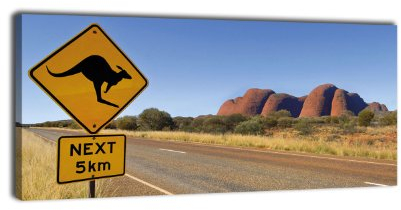 wandmotiv24 Leinwandbild Panorama Nr. 344 Känguruschild 100x40cm, Keilrahmenbild, Bild auf Leinwand, Australien Landschaft Strasse