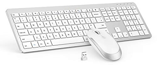 seenda Wireless Keyboard and Mouse Set, SK38 Ultra Slim Quiet USB Wireless Keyboard and Mouse Full Size QWERTY UK Layout with Numeric Keypad for Windows PC, Laptop, Computer, White and Silver