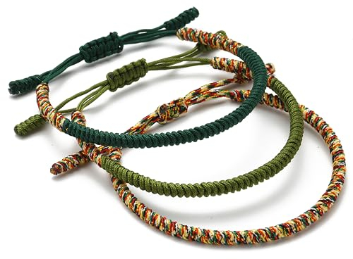 LUCKY BUDDHIST - 3 Tibetische Glücksarmbänder + buddhistisches Geschenk! Freundschaftsarmbänder für Damen, Herren, Teenager, verstellbare Größe. Handgefertigt mit Seilknoten. Dunkelgrünes Gold