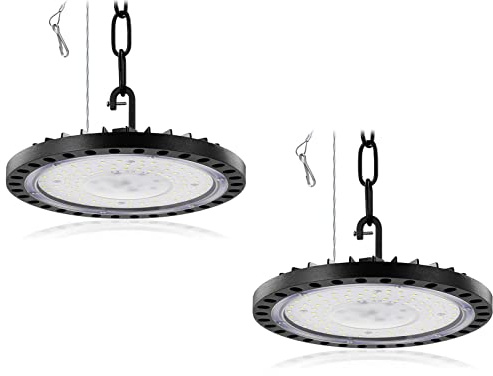 Viugreum 2 Paquets UFO LED 100W, Projecteur LED Exterieur 10000LM Blanc Froid 6500K, IP65 Étanche Eclairage Atelier, Led Industriel UFO Avec Lanyards/Corde de Sécurité pour Garage/Atelier/Parking/Gym