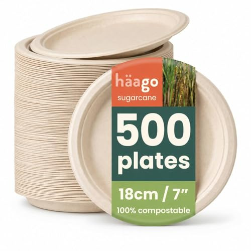 HAAGO 500 Eco Disposable Sugarcane Dessert Plates, 7 Inch (18cm) - Natural Colour Small Plates - Biodegradable & Compostable Side Plates for Desserts, Starters & Snacks - Sturdy & Heavy Duty