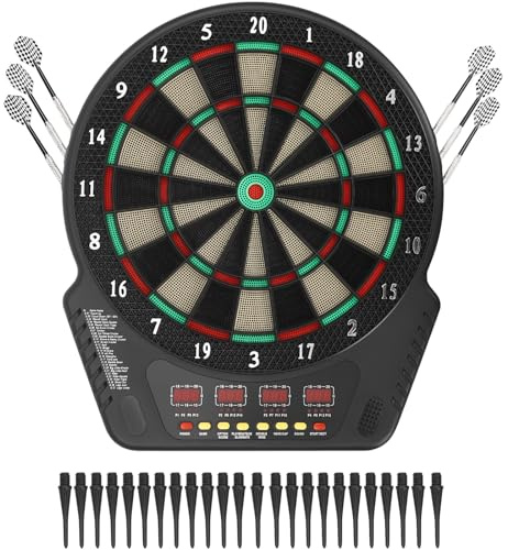 Cible de fléchettes électronique professionnelle avec 6 fléchettes, 16 joueurs maximum, 24 têtes de fléchettes, 4 écrans LCD, 27 modes de jeu, 243 options de jeu, invites vocales, fonctionnement sur
