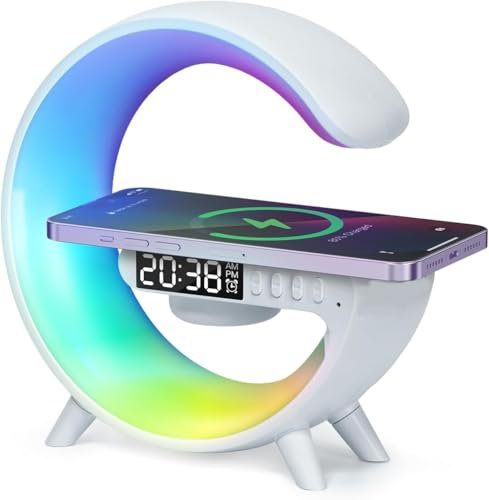 Générique Sveglia intelligente con altoparlante senza fili, illuminazione RGB e ricarica rapida, alimentata tramite USB, lampada da tavolo LED per sveglia in camera - Wake-Up-Light, bianco