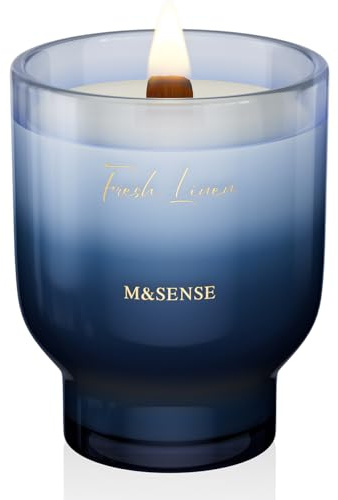 M&SENSE Duftkerze Groß Frische Leinen|Knisterkerze mit Holzdocht|470g 110 Stunden Lang Brennende Sojawachs Duftkerzen im Glas|Luxus Kerze Geschenk für Männer und Frauen