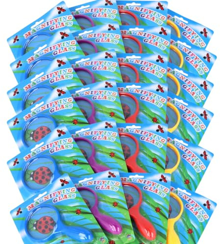 LND Gifts Magnifying Glass Kids Multi Pack Of 24 Magnifying Glasses Large 15cm,Chunky Handle Design Kids Magnifying Glass For Bug Hunting Science And Nature Exploration And Reading 4 Assorted Colours