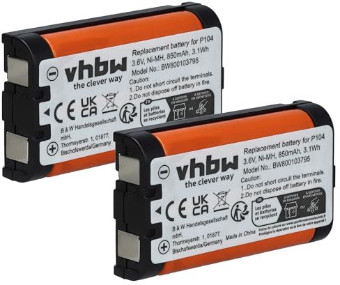 vhbw 2x batteria compatibile con Panasonic KX-TGA542M, KX-TGA542S, KX-TGA542B, KX-TGA545 telefono fisso cordless (850mAh, 3,6V, NiMH) verde