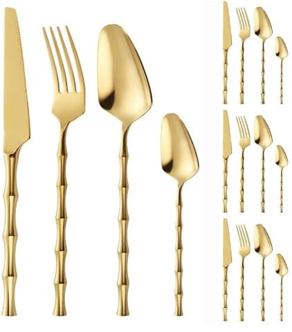 MMRTDJDR Bamboo noue poignée Couverts Ensembles en Acier Inoxydable en Acier Inoxydable 16 pièces Steak Steak Steak Steak cuillère cuillère cuillère à café