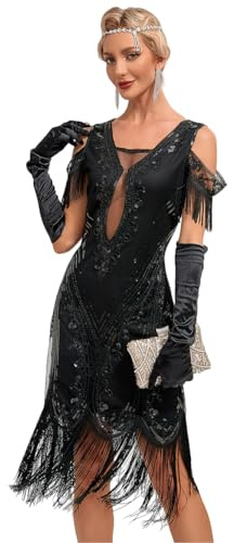 VILOREE Elegante vestido de lentejuelas para mujer, hombros descubiertos, vestido de baile bodycon vestidos de salón de baile, vestidos de club, trajes con flecos