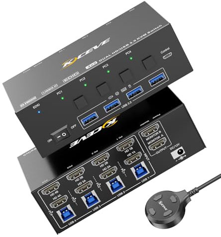 KVM Switch 2 Monitore 4 PC, KCEVE 8K@60Hz, 4K@144 Hz USB 3.0 HDMI KVM-Umschalter mit EDID-Emulator für 4PC Share Maus Tastatur und Monitor, stabiler Chip, hohe Kompatibilität