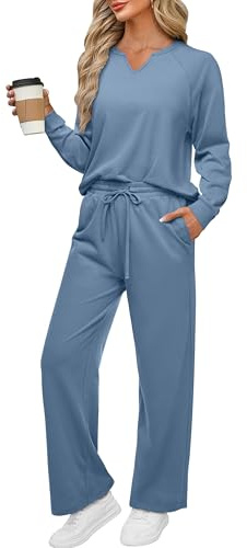 REORIA Women V Neck Activewear Loose Lounge Wear Set Solid Color Tracksuit Co Ord Sets Two Piece Outfit Grey Blue L