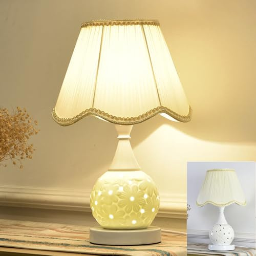Mengjay Nachttischlampe Tischleuchte Keramik Tisch Lampen mit Stoffschirm, LED geeignete Leuchte für den Tisch, E27, 230V Keramik Tischlampe, Nachttischleuchte, Sofalampe (A)