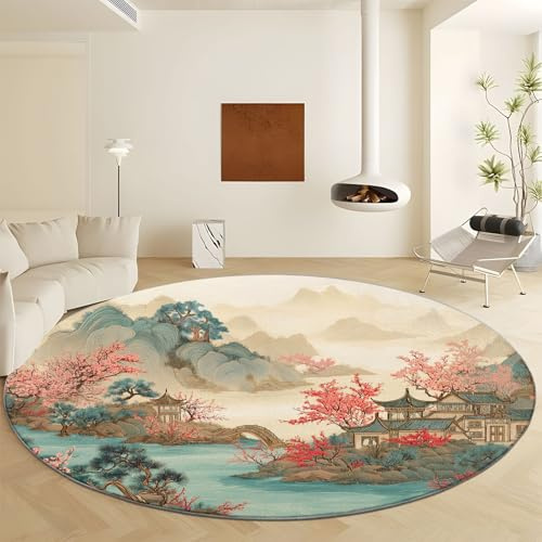Living Room Carpet 100 cm Round Rugs Landscape Peach Blossoms Pavilion Printed Round Rug, Non-Slip Washable Circle Mat Chinese Ink Painting Style Soft Carpet for Entryway Bedroom Kids Room Kitchen