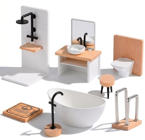 Veemoon 1:12 Scale Miniature Dollhouse Bathroom Set, 8pcs Dollhouse Shower Room Furniture Accessories Mini Bathroom Decoration Props Basin Toilet Bathtub Stool Shower