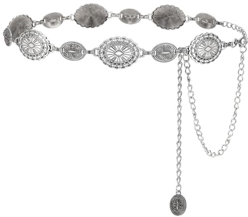 RIXERKOC Ceinture à Chaîne Métal Occidentale pour Femme, Chaîne de Taille en Métal Réglable, Bohème pour Jeans Robes Tenues de Concert Country (Argent)