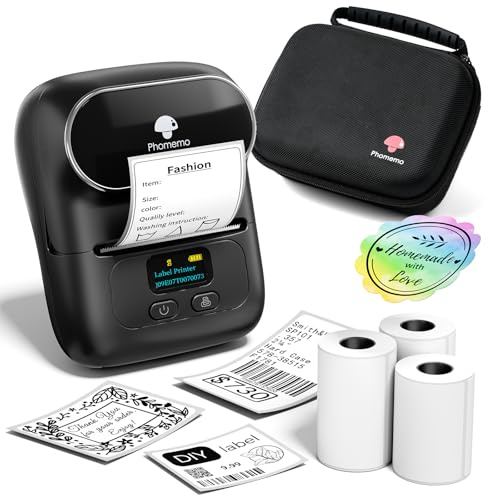 Phomemo Label Maker with 3 Roll Labels and Bag, Barcode Label Printer for Small Business, Logo Office, School, Home, Sticker Printer Compatible with Phones & PC