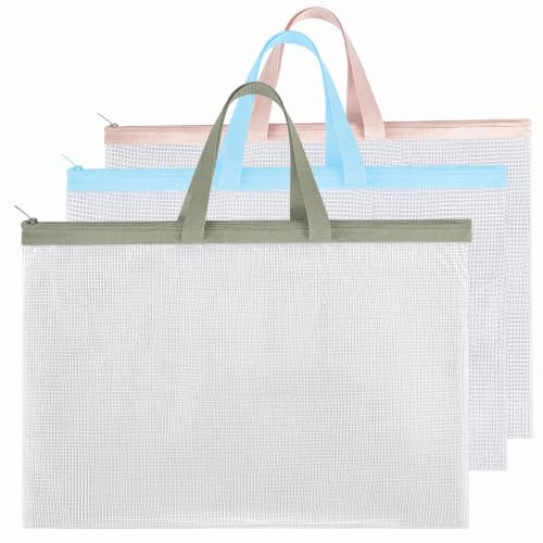Pleyihe 3 Pack A2 Mesh Art Portfolio Bag, Waterproof Transparent Storage Case with Zipper and Handle for Artworks, Drawings, Posters (A2 Size)