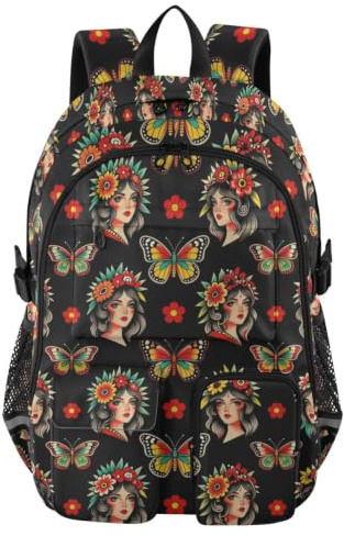 WDdZzyy laptop ryggsäck fjäril tatuering traditionell svart college arbetsväska 44,5 cm