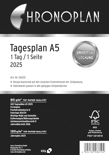 Chronoplan 50225 Kalendereinlage 2025 (Tagesplan A5 (148x210mm), Ersatzkalendarium für Terminplaner, Tagesplaner, ideal für detaillierte Tagesplanung, 1 Tag auf 1 Seite, mit Universallochung) weiß