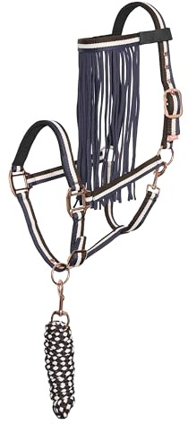 Imperial Riding Halter Set with Tie Rope & Fly Fringe - Durable Nylon Halter with Buckle, & Snap Hook, Comfortable & Easy to Clean, Multi Navy, Cob