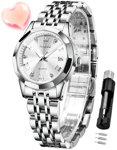 OLEVS Damenuhr Diamant Analoge Armbanduhr mit Kleines Gesicht Silber Edelstahlband wasserdichte Datum Uhr