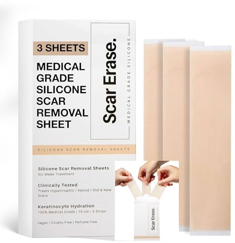 SCAR ERASE Medical Grade Silicone Scar Sheets (3cm x 15cm) - Soften and Flattens Keloid, Hypertrophic, Surgery, Injury & C-Section Scars - Vegan, Cruelty-Free - 6 Week Reusable Treatment (Pack of 3)
