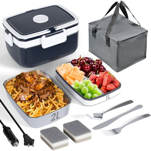 Sitlais Electric Heated Lunch Box for Adults - 90W 2L Double Layer Portable Food Warmers for Work 12V/24V/110V/220V Fast Heating Food Heater for Car&Truck 304 Stainless Steel (DARK BLUE), PFELB05