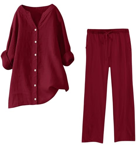 Große Größen Leinen Set Damen, Hosenanzug Damen, Musselin Set Damen Sommer Baumwolle Zweiteiler Leinen Kurzarm Top und Lang Weit Bein Hose Set Einfarbig Freizeitanzug 2 Teiler Set Musselin Leinenanzug