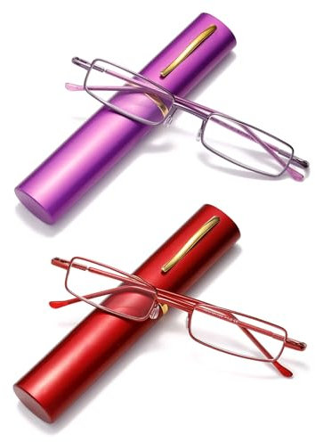 Hubeye 2 Pairs Slim Portable Reading Glasses for Men Women Metal Pocket Readers Glasses Lightweight Compact Blue Light Blocking Glasses in Tube Case 2.50
