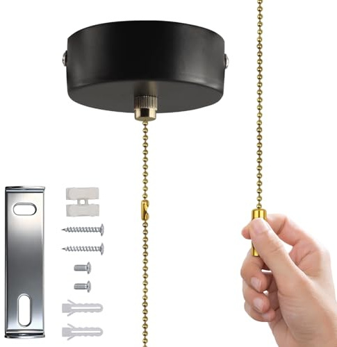 Pull Cord Light Switch Bathroom, With 150Cm Chain Kit, Bathroom Ceiling Light Pull Cord Switch, For Bathroom Chandeliers Accessories(Black)