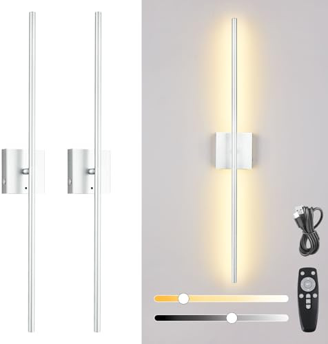USB Uppladdningsbar Vägglampa Med Fjärrkontroll, 8000mAh Batteri, 3 Färgtemperatur, Inomhus LED Dimbar Trådlös Vägg Lampa, 360° Roterbar Touch Sänglampa, Timer, 2-Pack,Nichel,80CM