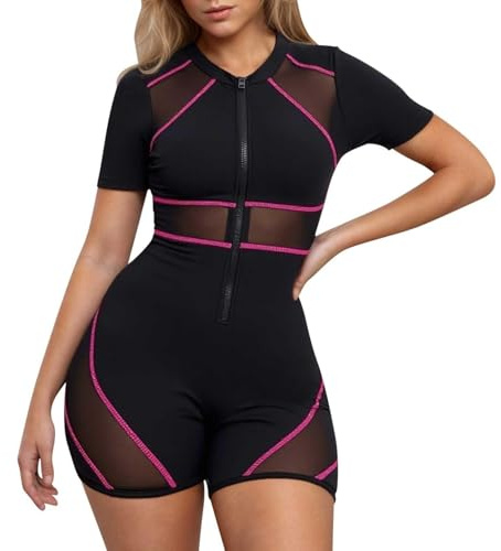 LXEASYGO Womens Athletic One Piece Boyleg Swimsuits Openwork Color Block Swimming Costume Zipper Up Modest Sports Swimming Suits (UK, Numeric, 10, 12, Regular, Regular, Red)